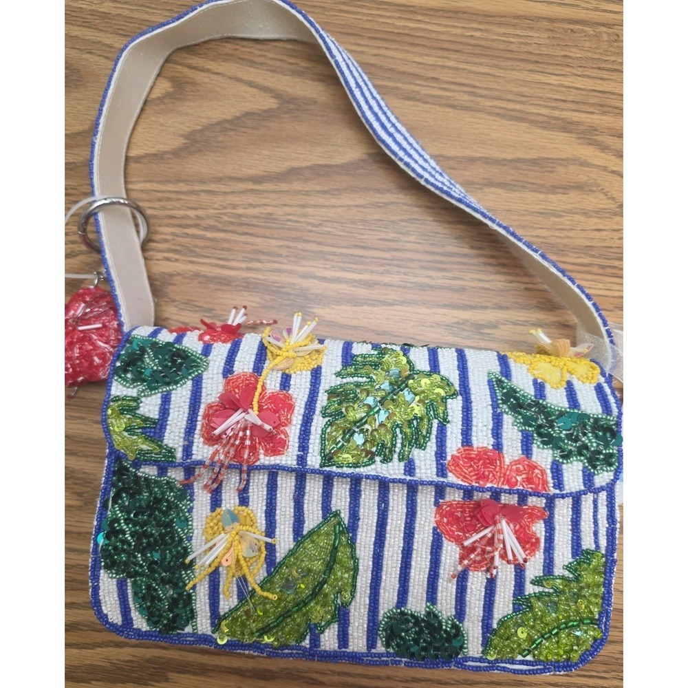 Handcrafted In India Beaded Beachy Hibiscus Beaded Bag With Hibiscus Charm NWT